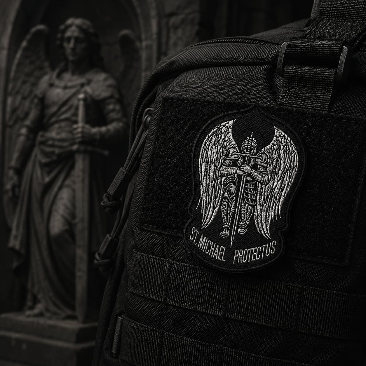 Écusson de l'Archange Protecteur en tissu brodé fixé sur un sac sombre dans une ambiance médiévale.