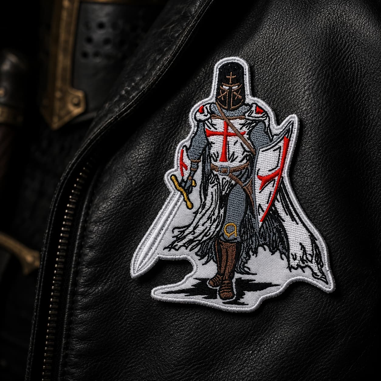 Écusson Chevalier Templier en tissu brodé appliqué sur une veste en cuir noir avec un rendu réaliste et premium.