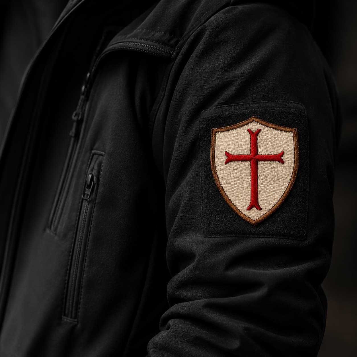 Écusson du Croisé en tissu brodé fixé sur une veste noire avec une taille réaliste et un rendu premium.