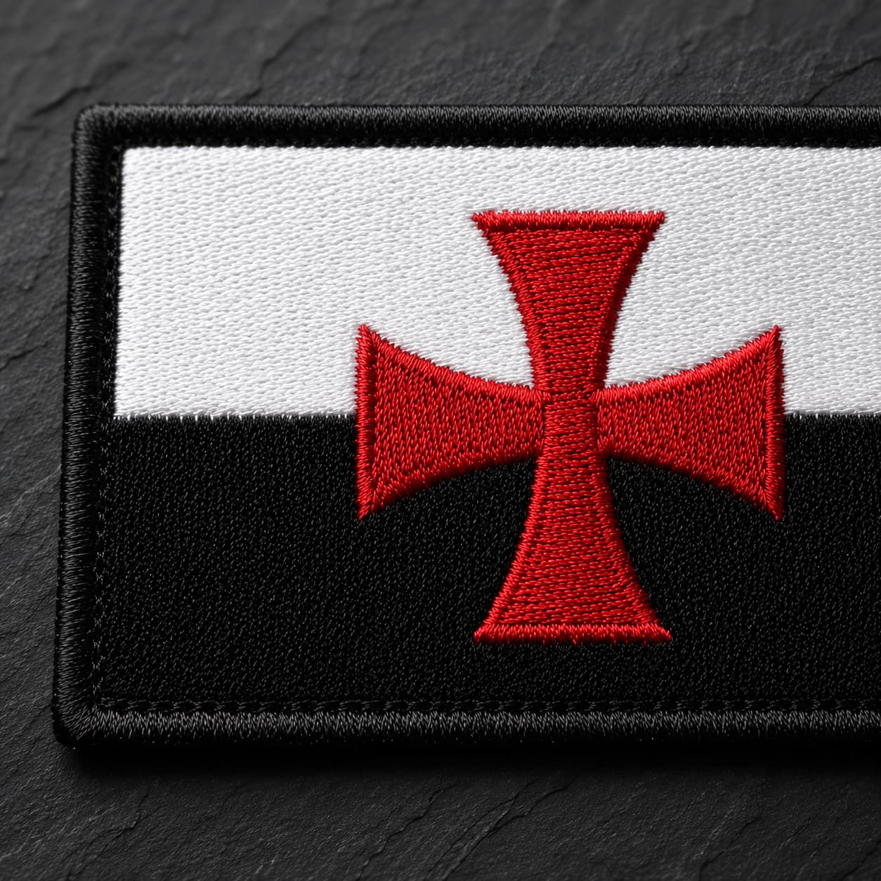 Gros plan sur la broderie de la croix rouge de l’Ecusson du Devoir en tissu brodé.