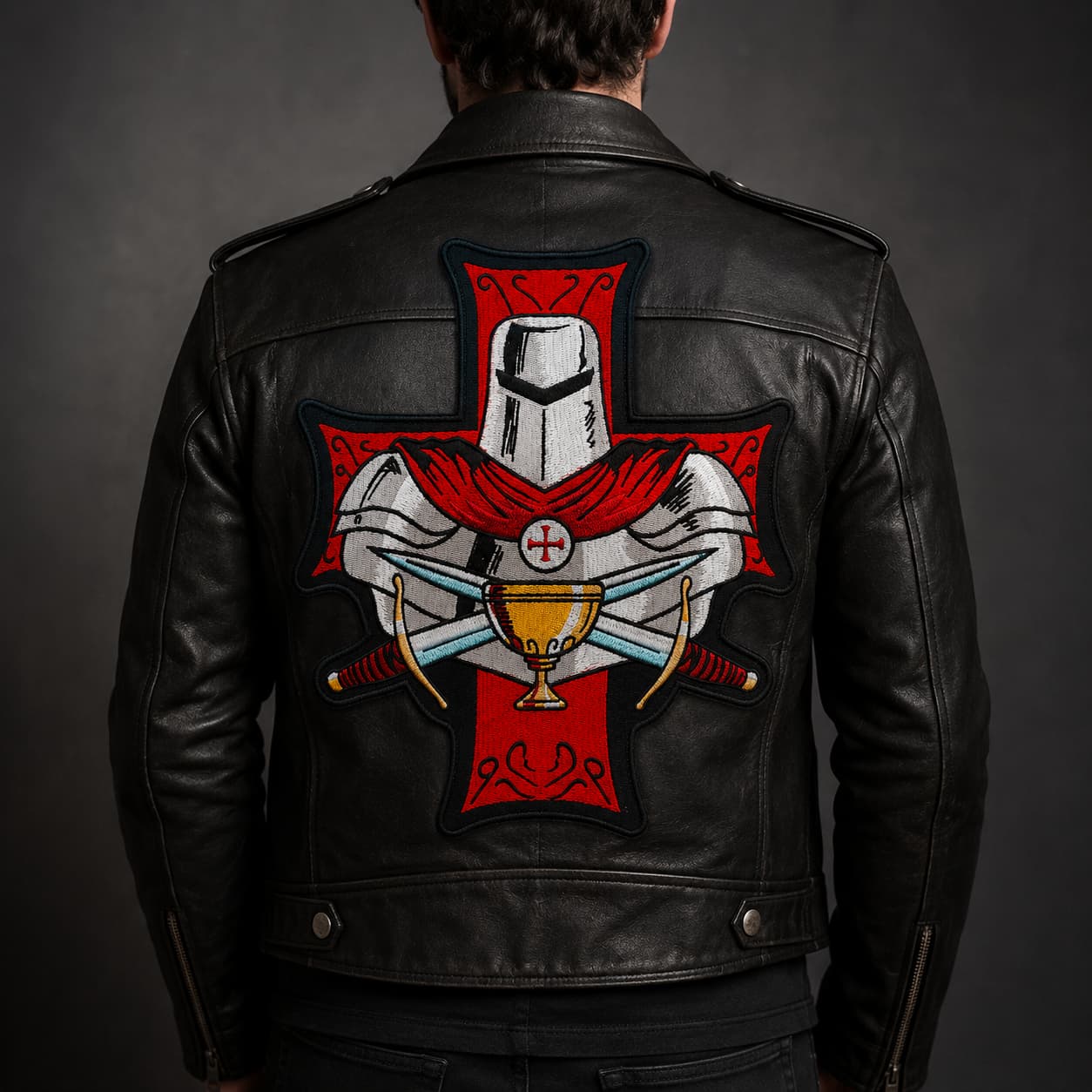 Écusson du Saint Graal en tissu brodé porté sur une veste en cuir noir.