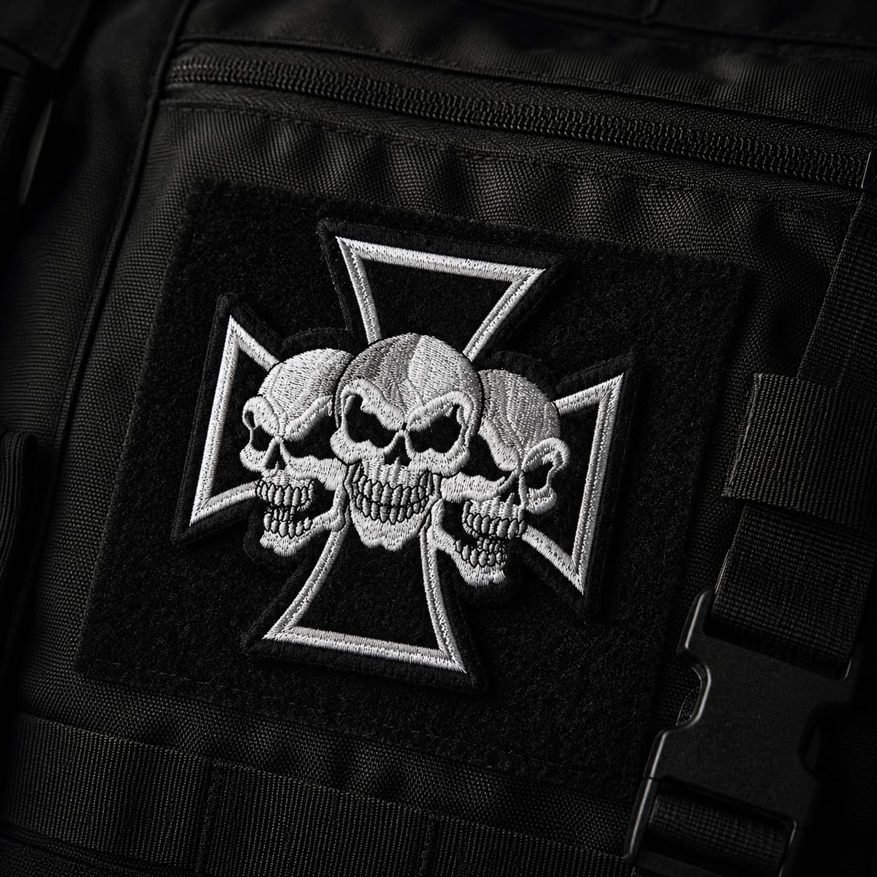 Écusson de l’Exécuteur en tissu brodé fixé sur un sac tactique noir.