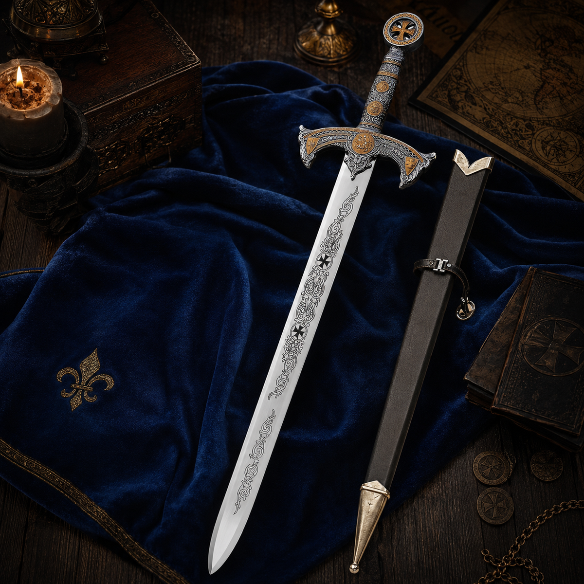 Épée Templière Décorative du Serment Sacré en acier inoxydable avec fourreau sombre