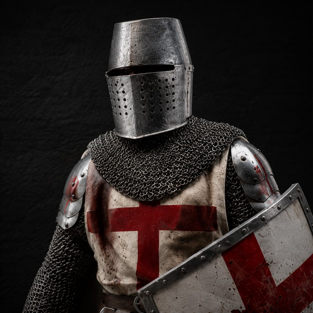 Gros plan de la Figurine chevalier templier en résine avec casque, cotte de mailles, armure et croix rouge.