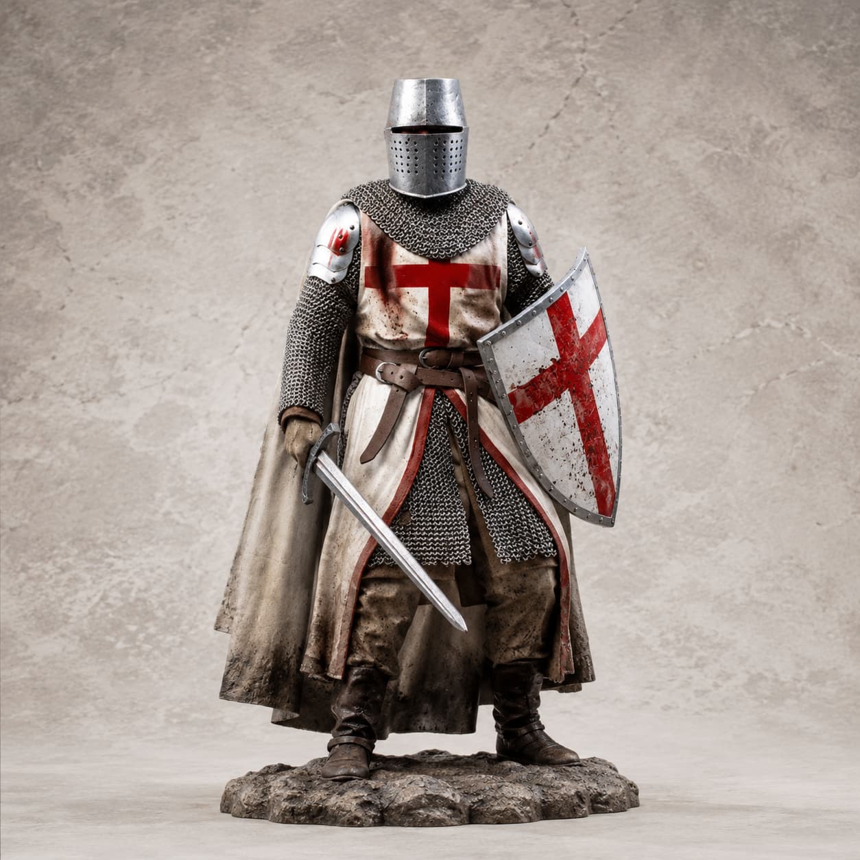 Figurine chevalier templier en résine avec armure, épée et bouclier à croix rouge sur fond pierre claire.