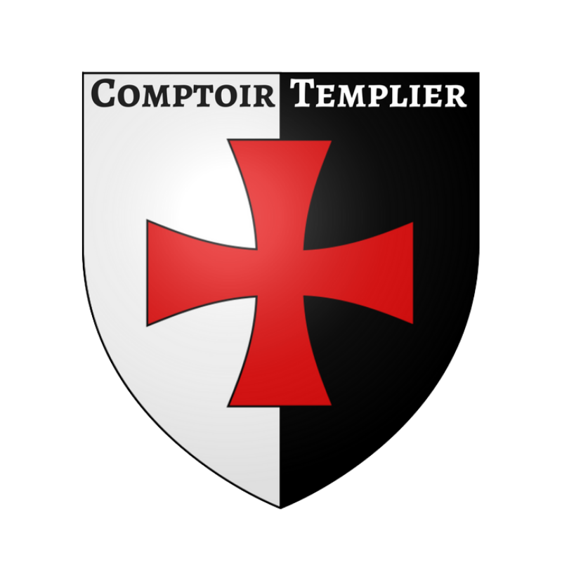 Logo Comptoir Templier avec croix rouge templière sur blason noir et blanc