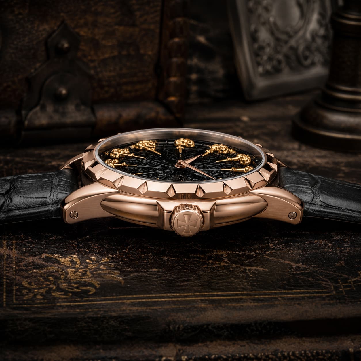 Vue de profil de la Montre des Chevaliers Templiers montrant le boîtier en alliage métallique et le bracelet noir.