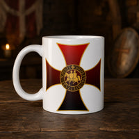 Mug Force du Templier en céramique blanche avec grande croix templière rouge et noire et sceau doré.