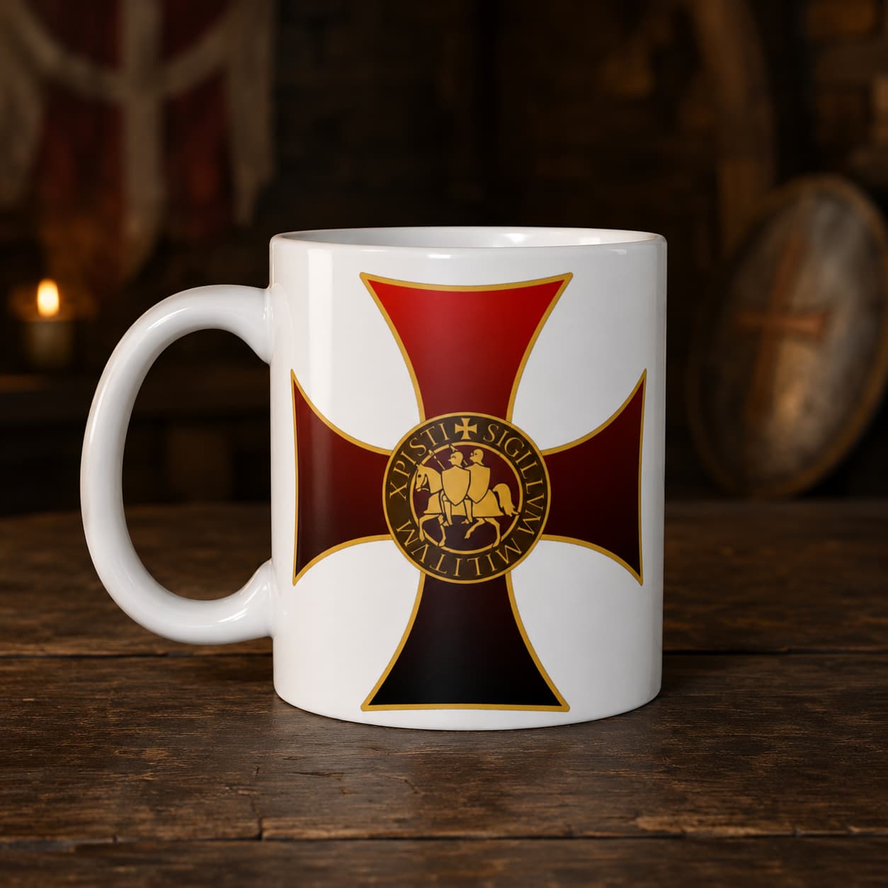 Mug Force du Templier en céramique blanche avec grande croix templière rouge et noire et sceau doré.