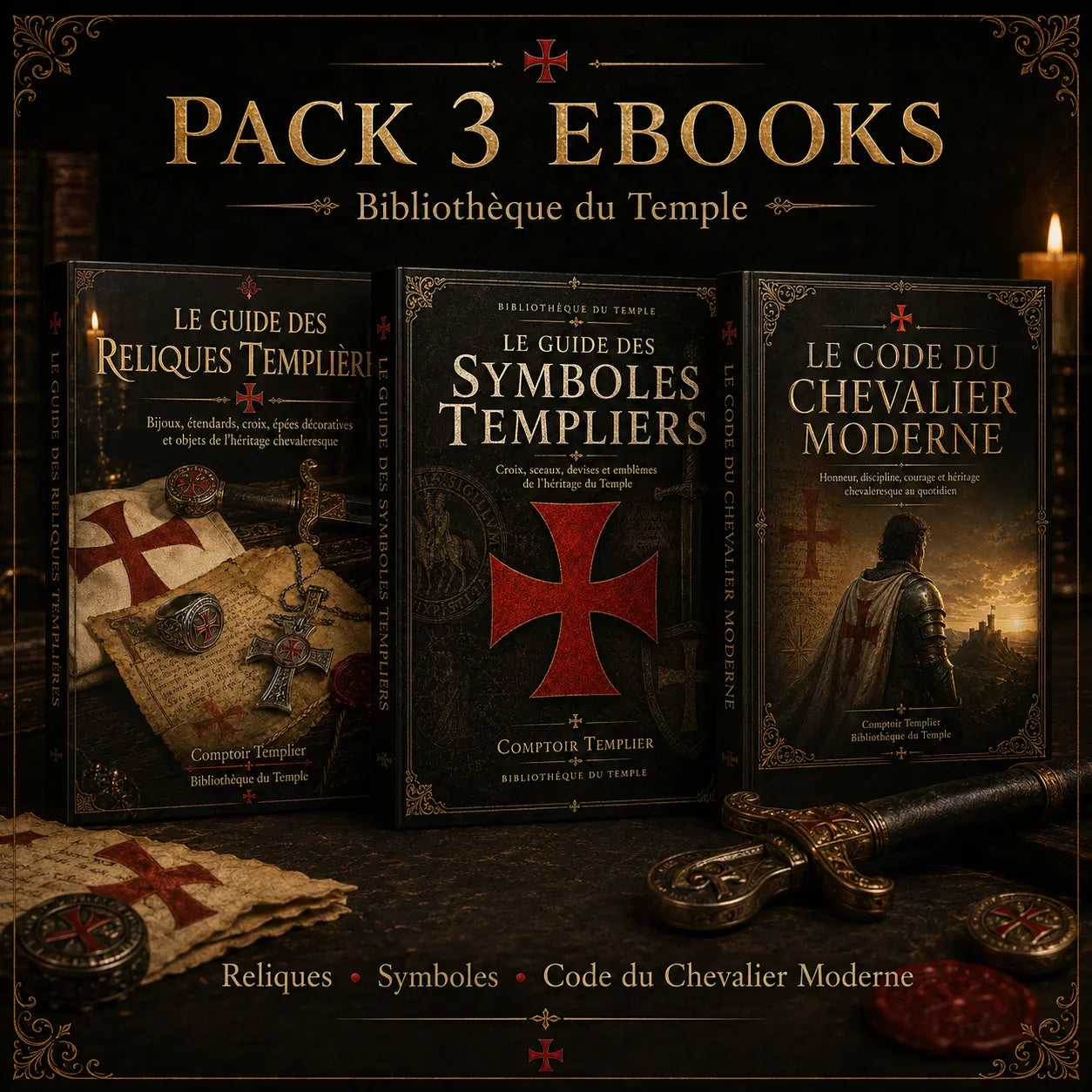 Pack 3 ebooks templiers Bibliothèque du Temple avec guides sur les reliques les symboles templiers et le code du chevalier moderne