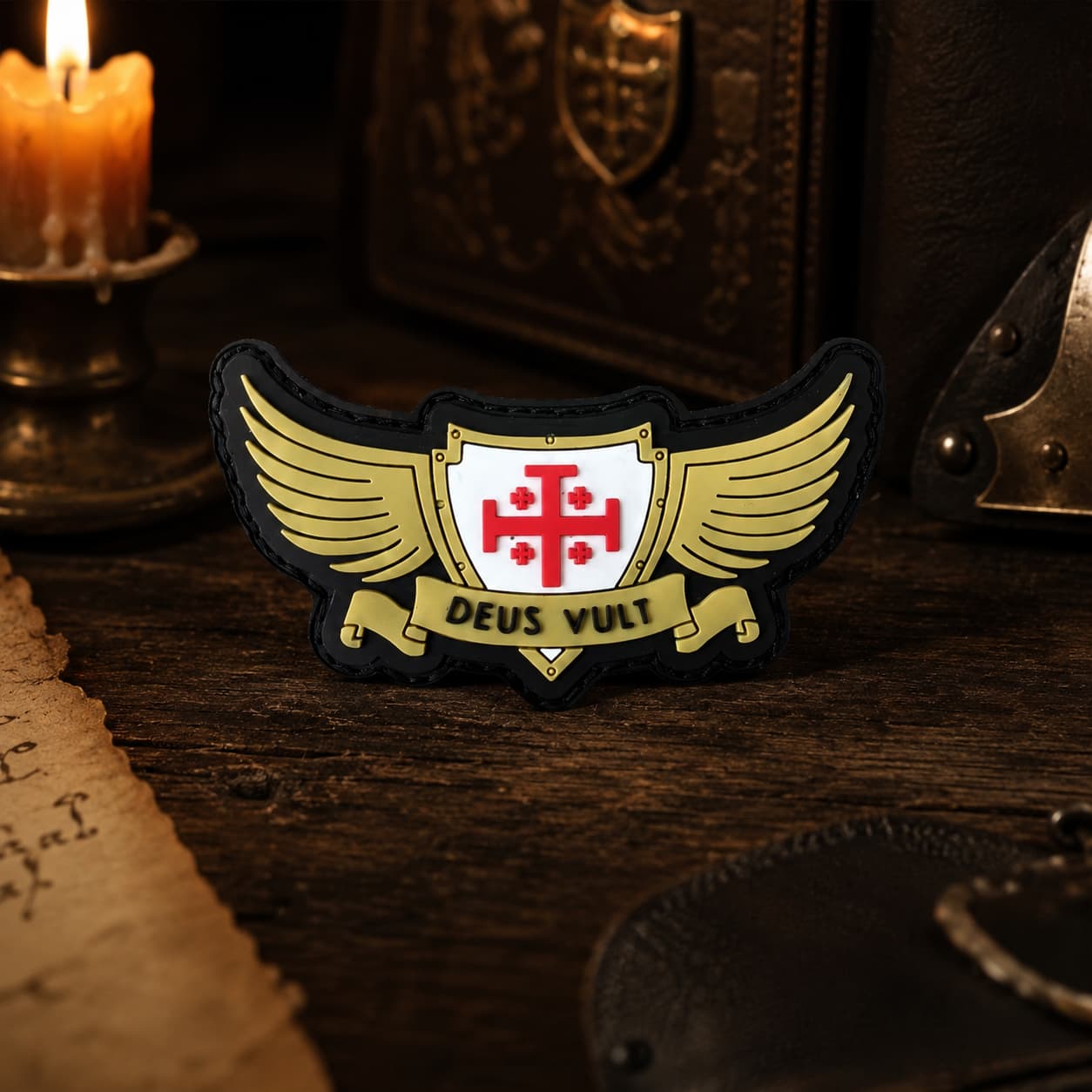 Patch Deus Vult du Croisé en PVC souple posé dans une ambiance médiévale avec bois ancien, cuir sombre et lumière de bougie.
