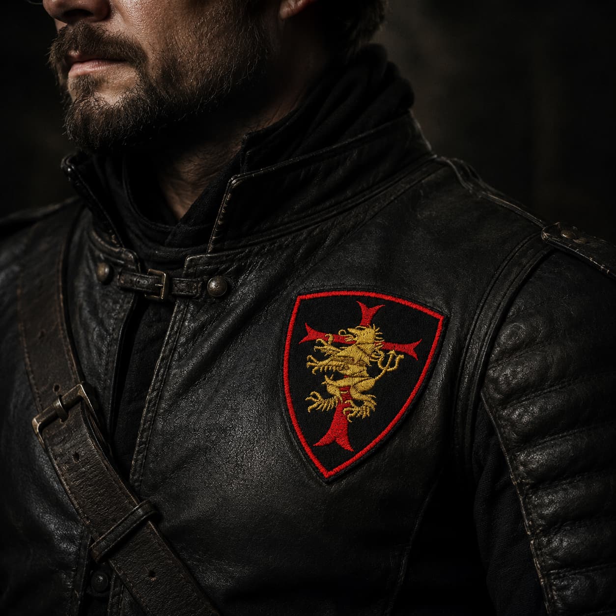 Patch Écusson Coeur du Templier en tissu brodé fixé sur une veste sombre dans une mise en situation réaliste.