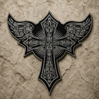 Patch Écusson des Ailes Templiers en tissu brodé sur fond de pierre texturée sombre.