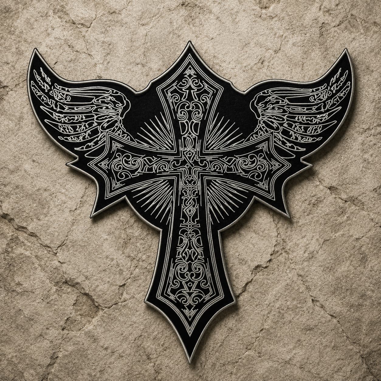 Patch Écusson des Ailes Templiers en tissu brodé sur fond de pierre texturée sombre.