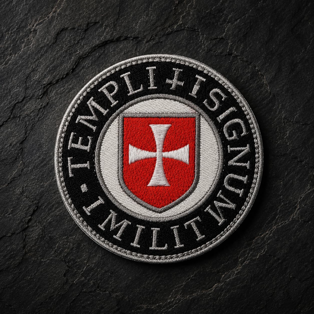 Patch Écusson du Sceau Templi en tissu brodé avec blason rouge et croix blanche sur fond ardoise sombre.