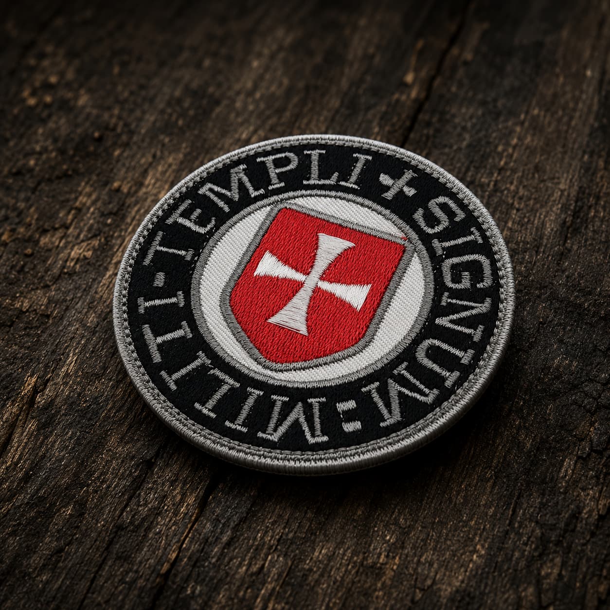 Patch Écusson du Sceau Templi en tissu brodé présenté en vue inclinée sur un fond en bois ancien sombre.