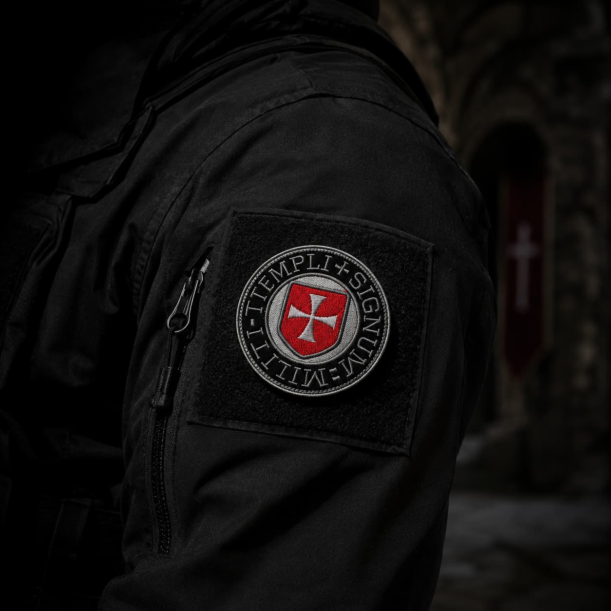 Patch Écusson du Sceau Templi en tissu brodé fixé sur une veste sombre dans une ambiance médiévale.