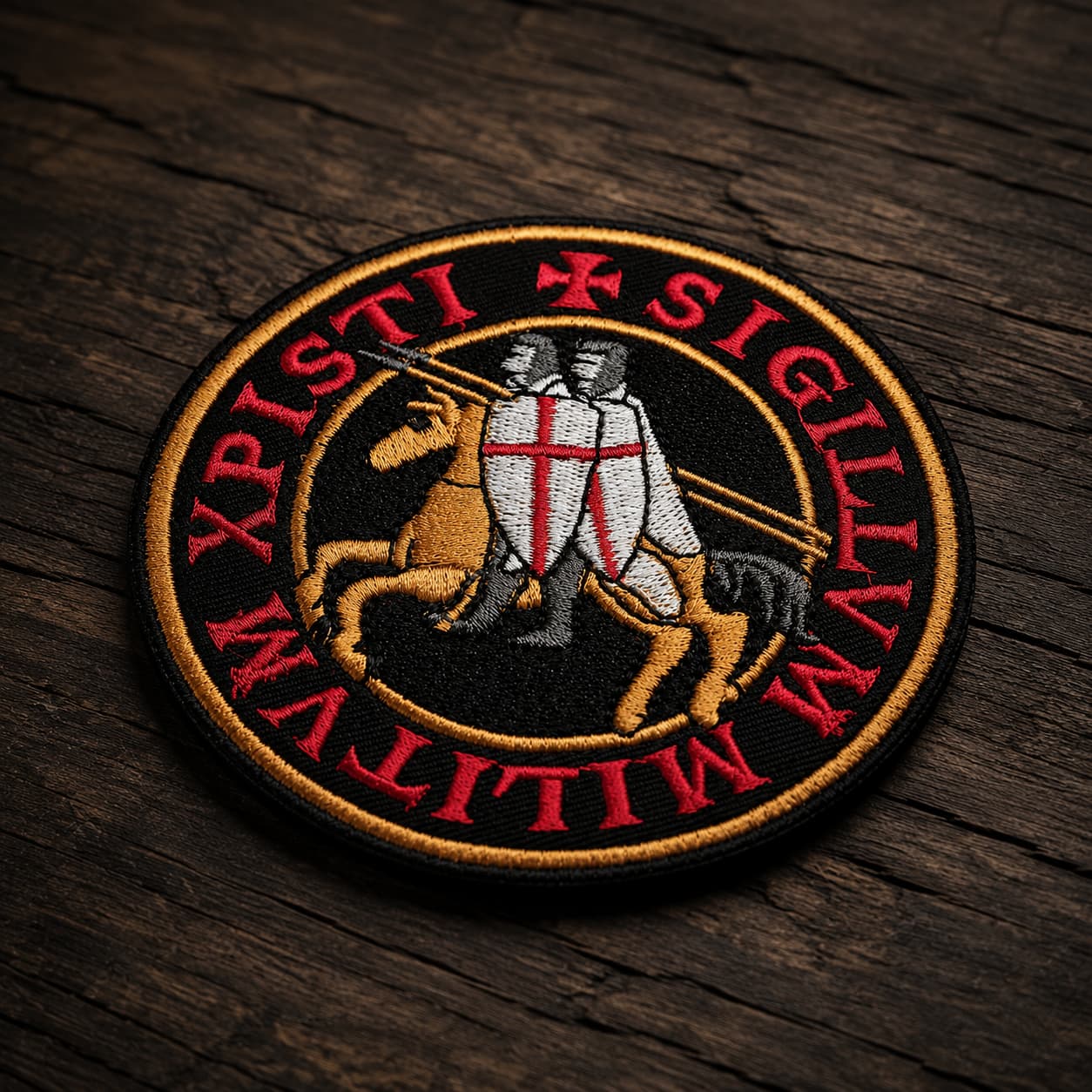 Patch Écusson de l’Exécuteur en tissu brodé présenté en vue inclinée sur un fond en bois ancien sombre.