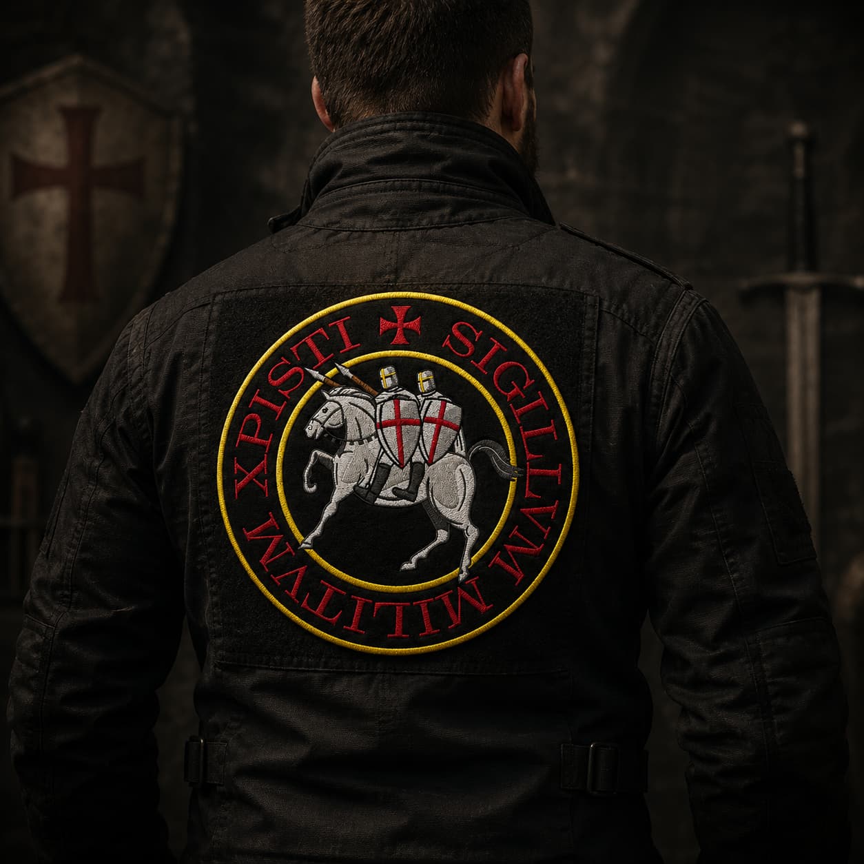Patch Écusson Grand Sigillum Militum Xpisti en tissu brodé porté au dos d’une veste noire dans une ambiance médiévale sombre.