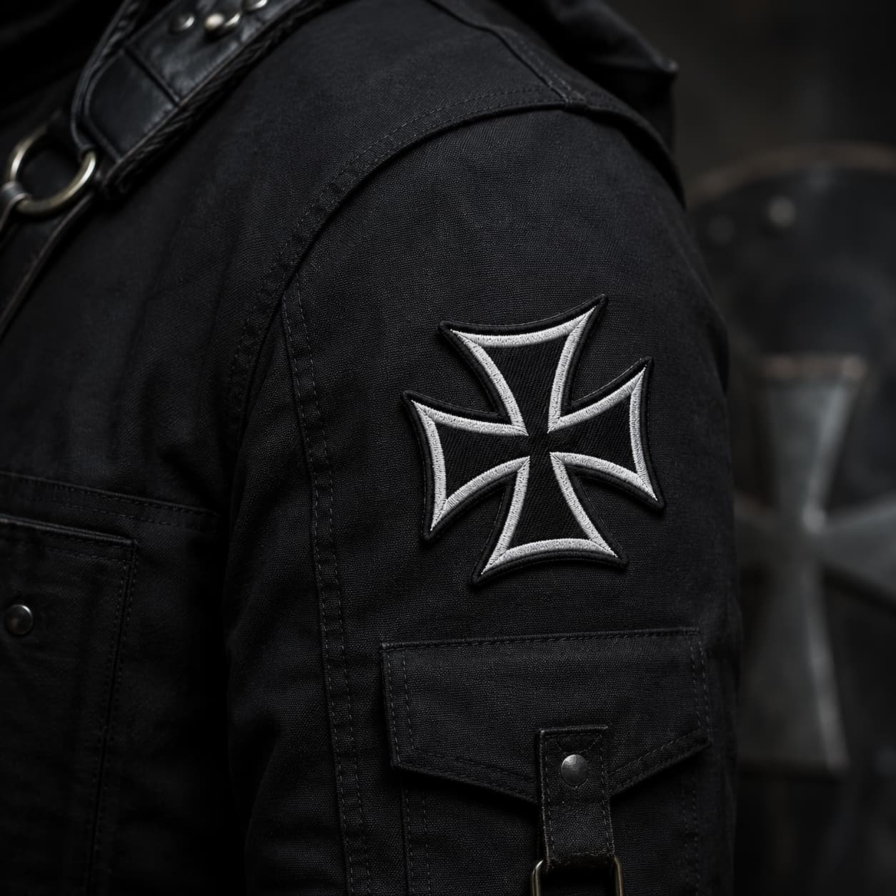 Patch Écusson de l'Ordre Teutonique en tissu brodé fixé sur un manteau noir.