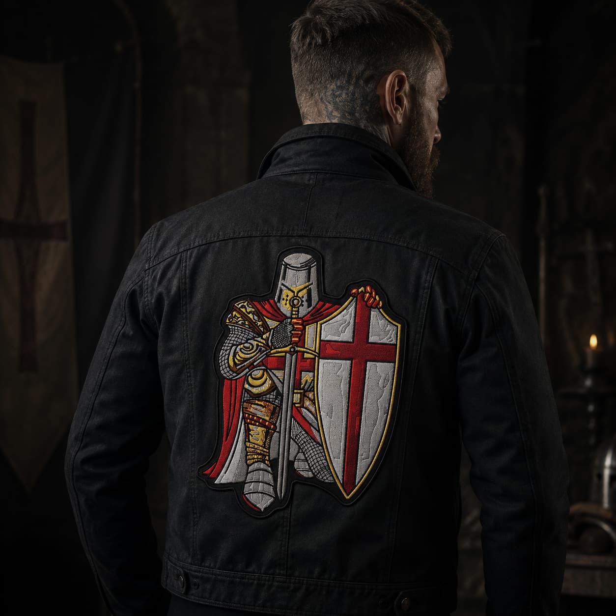 Patch Écusson prière du Templier en tissu brodé porté sur une veste noire dans une ambiance médiévale sombre.