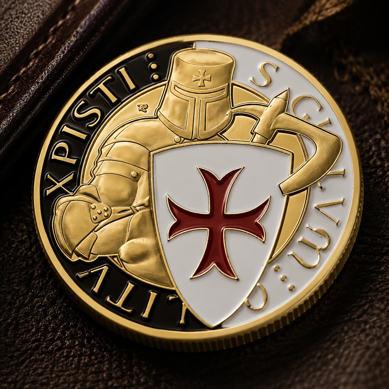 Gros plan de la Pièce de l’Ordre Templier en acier inoxydable montrant le relief du chevalier et la croix rouge.