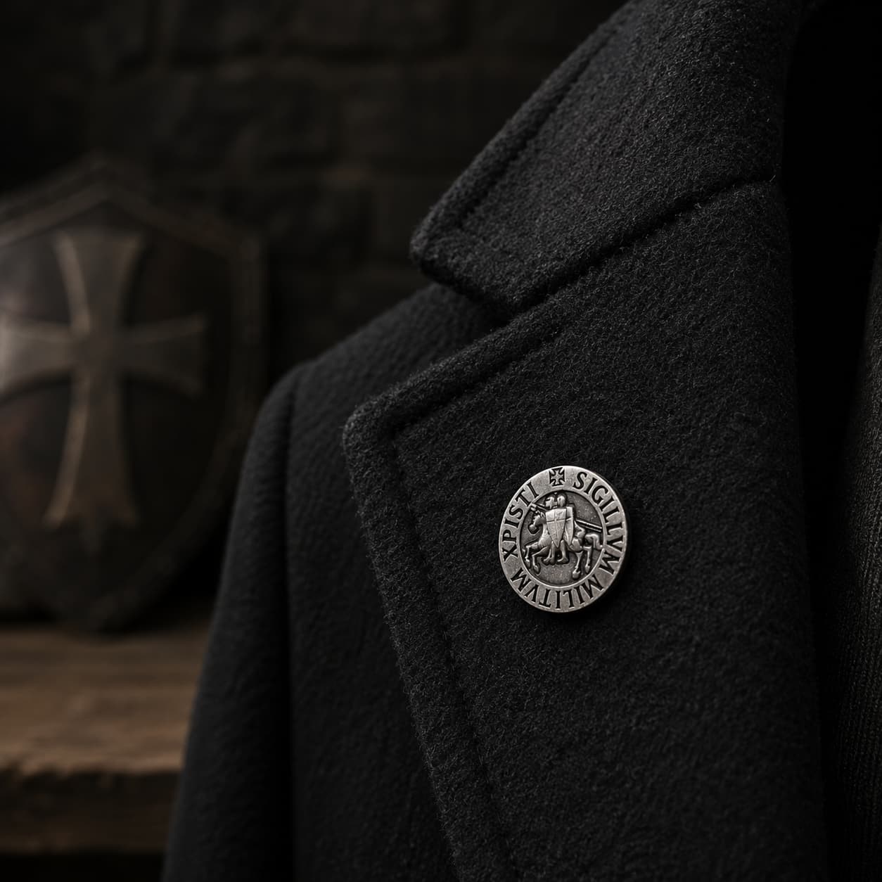Pin's du Chevalier Templier en cuivre porté sur une veste noire dans une ambiance médiévale sombre.