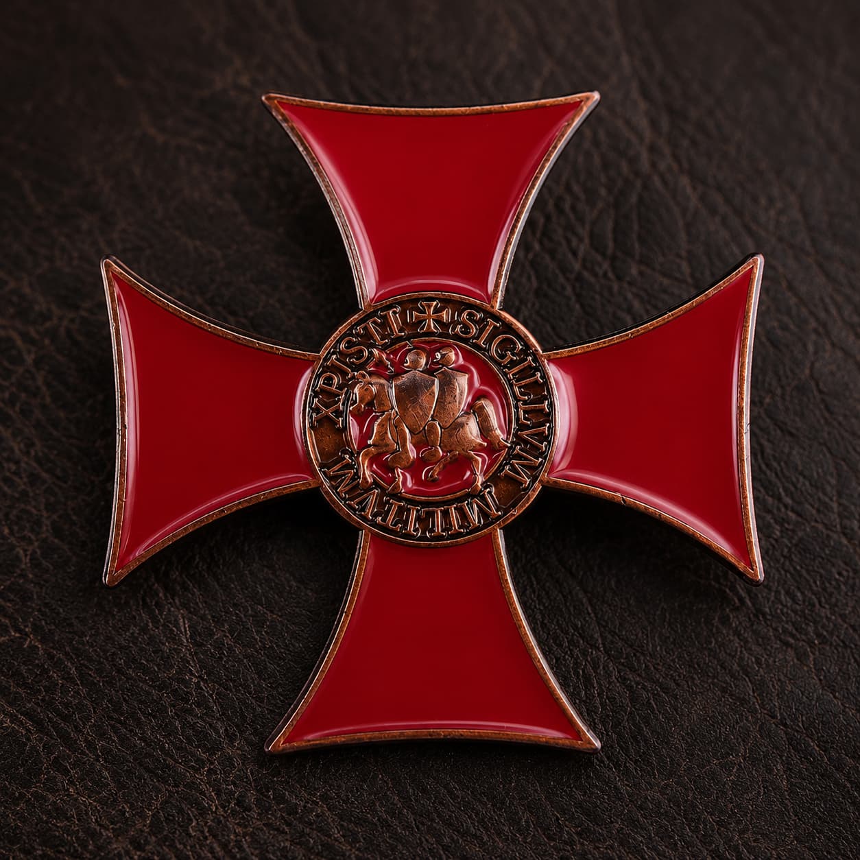 Gros plan du Pin's du Sceau Templier en cuivre rouge et bronze sur fond cuir sombre.