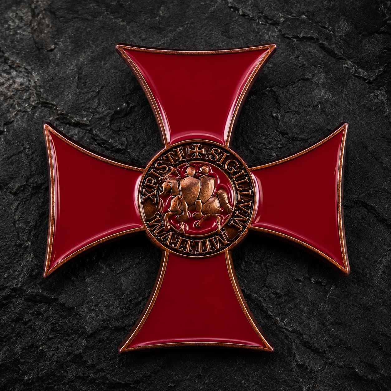 Pin's du Sceau Templier en cuivre rouge sur fond de pierre médiévale sombre.
