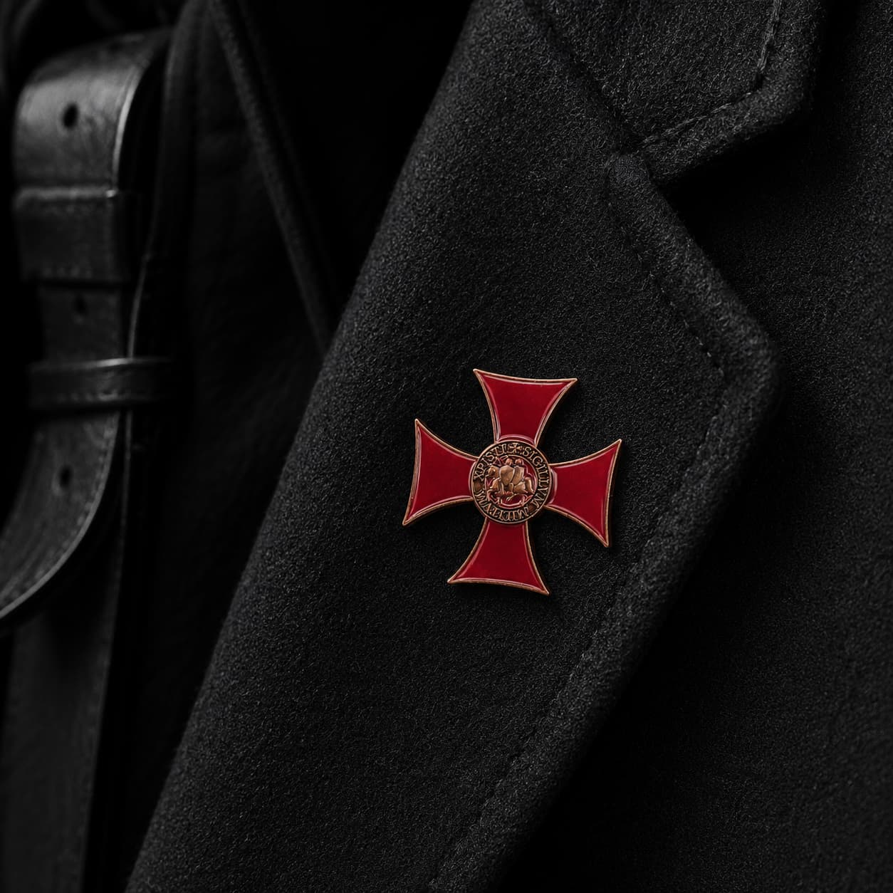 Pin's du Sceau Templier en cuivre fixé sur un vêtement noir dans une ambiance sombre et premium.