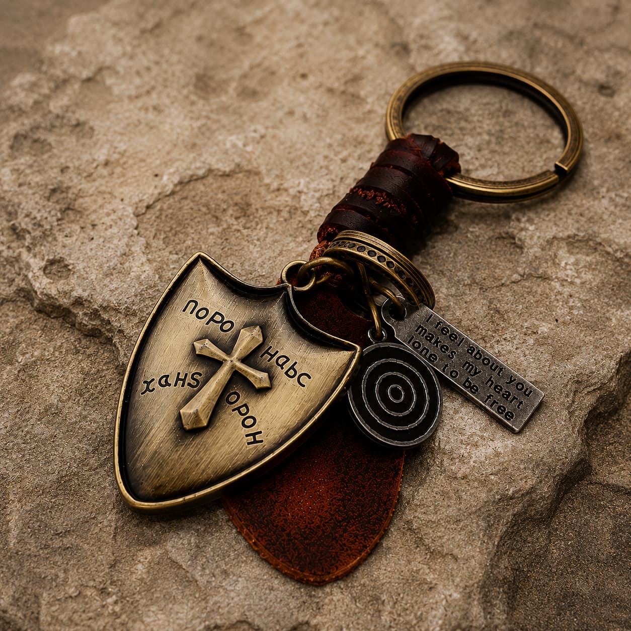 Porte-clé de l'Aventurier Croisé en alliage métallique et simili cuir en vue légèrement inclinée sur pierre texturée.