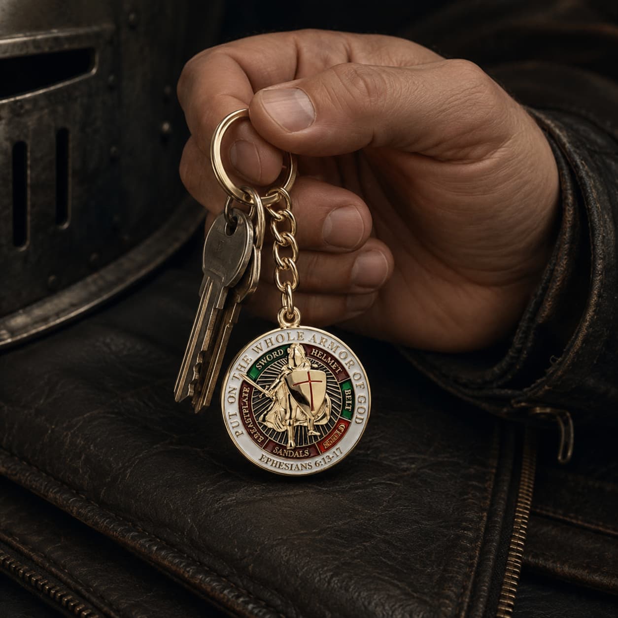 Porte Clé du Chevalier Légendaire en alliage métallique doré tenu en main avec des clés sur fond cuir sombre.