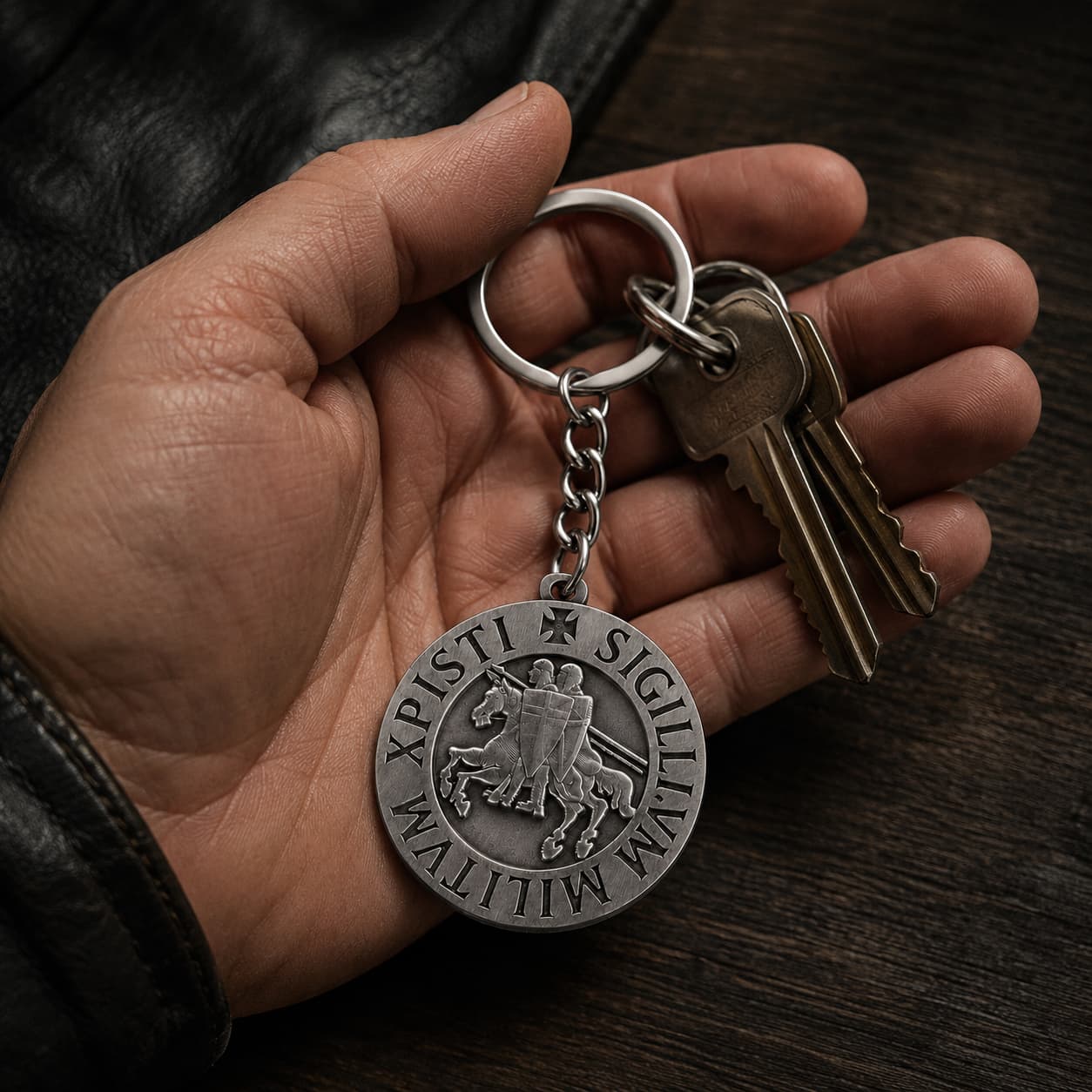Porte-Clé du Sceau Templier en alliage métallique tenu en main avec des clés dans une ambiance sombre et premium.