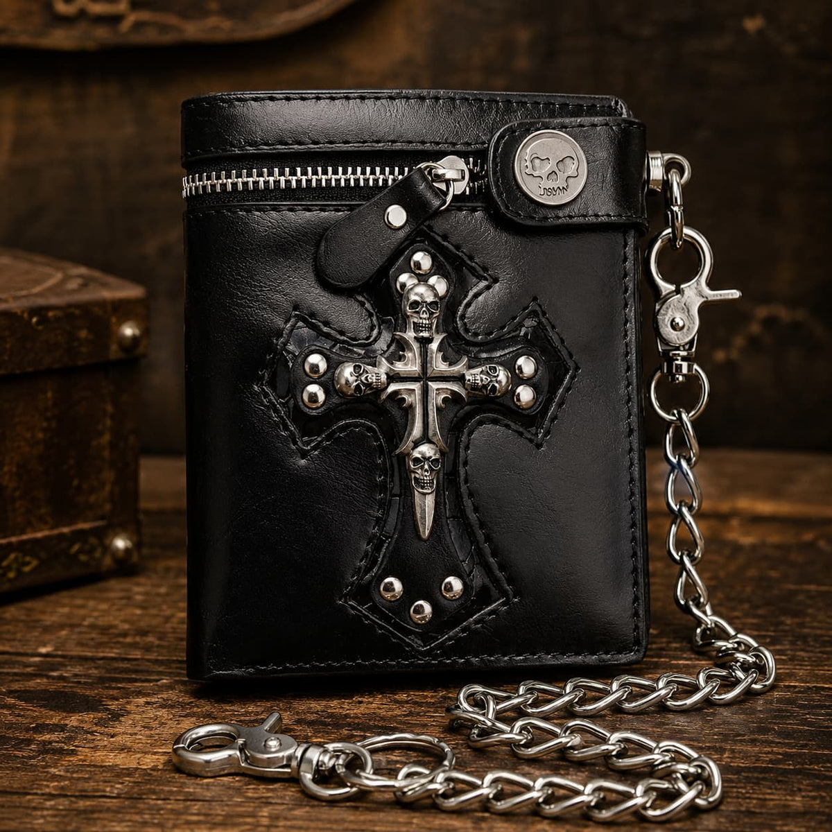 Portefeuille Croix du Temple en cuir noir et acier inoxydable avec croix crâne et chaîne sur bois ancien.