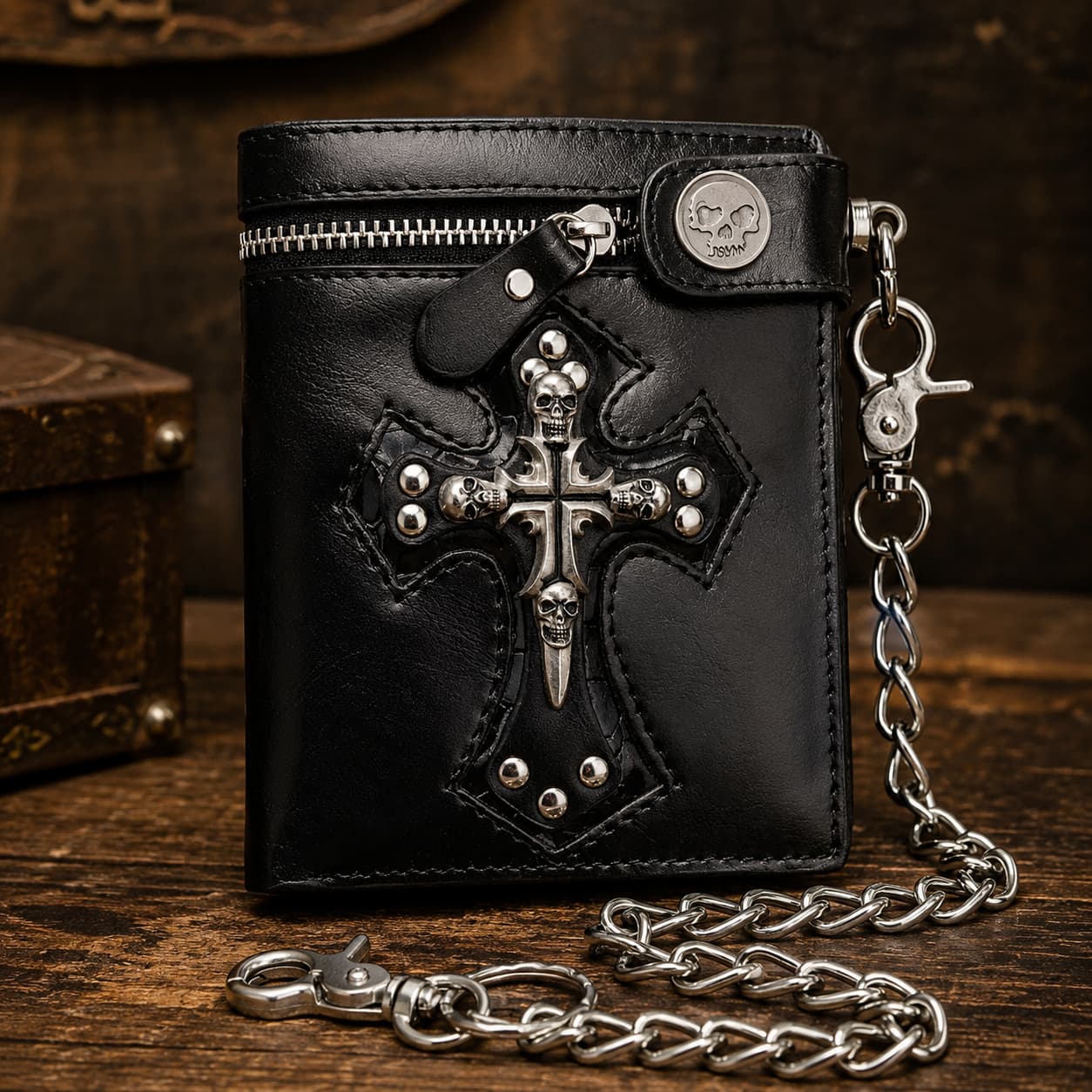 Portefeuille Croix du Temple en cuir noir et acier inoxydable avec croix crâne et chaîne sur bois ancien.