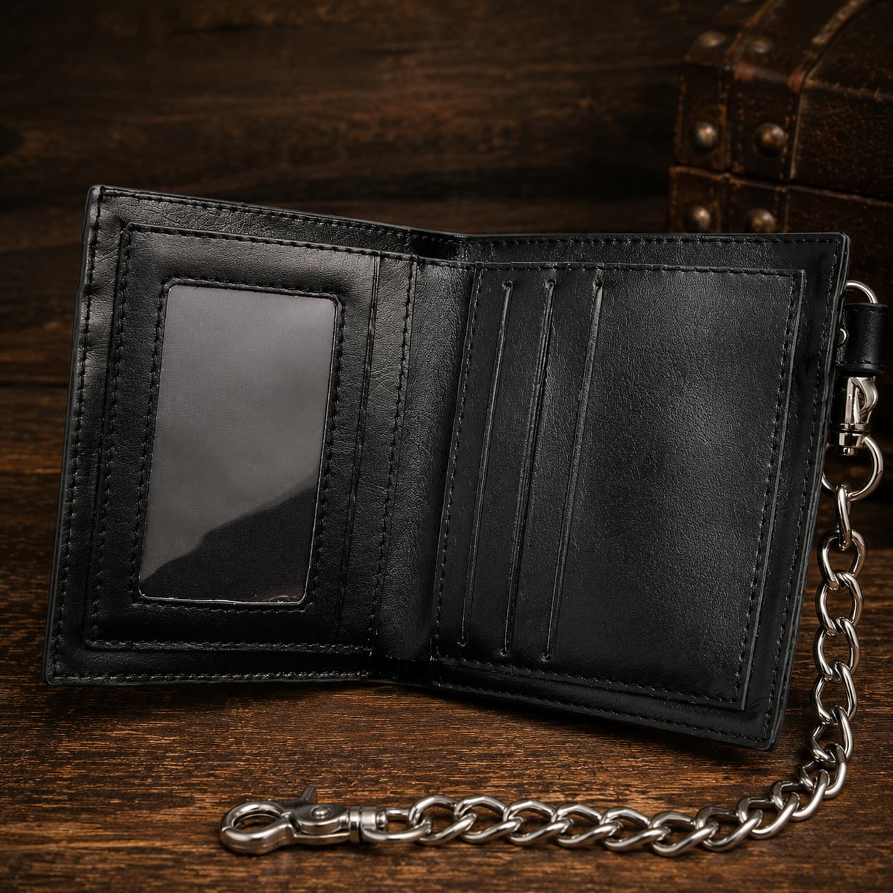 Intérieur ouvert du Portefeuille Croix du Temple en cuir noir avec emplacements cartes, fenêtre transparente et chaîne métallique.
