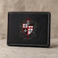 Portefeuille de l'Ordre du Temple en similicuir noir haute qualité avec blason templier sur fond pierre claire.