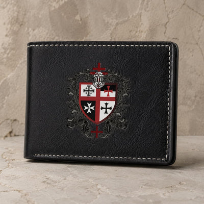 Portefeuille de l'Ordre du Temple en similicuir noir haute qualité avec blason templier sur fond pierre claire.