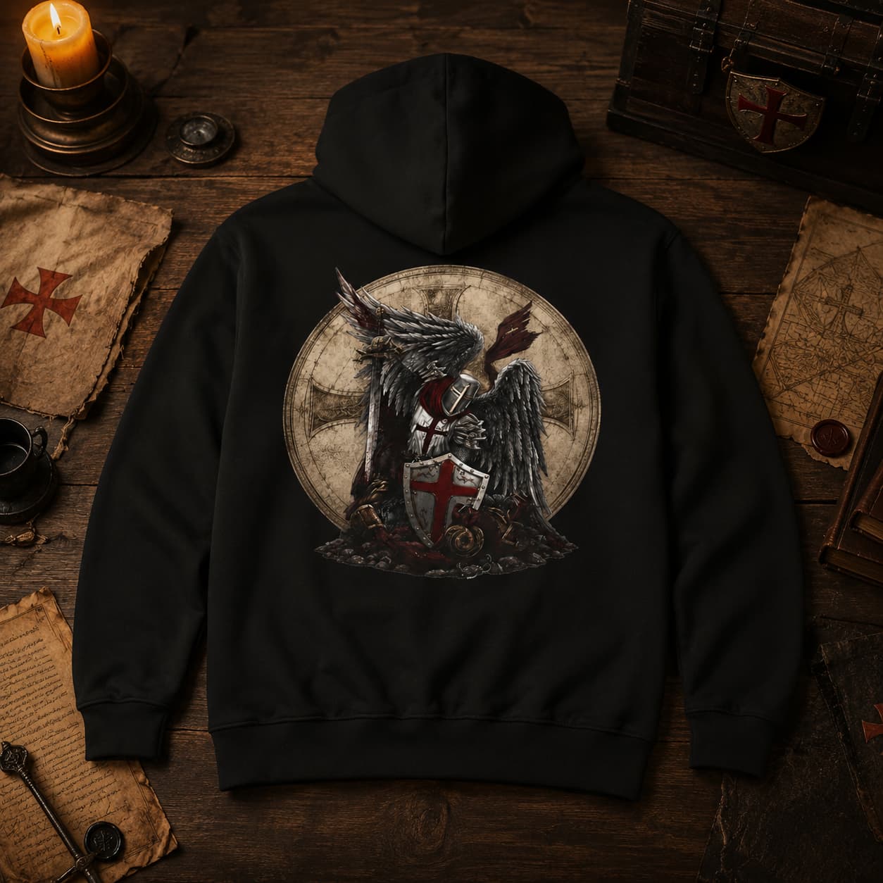 Pull à capuche Ange Gardien du Temple noir présenté sur table en bois ancien dans une ambiance médiévale.