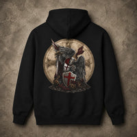 Pull à capuche Ange Gardien du Temple noir avec grand motif archange templier imprimé dans le dos.