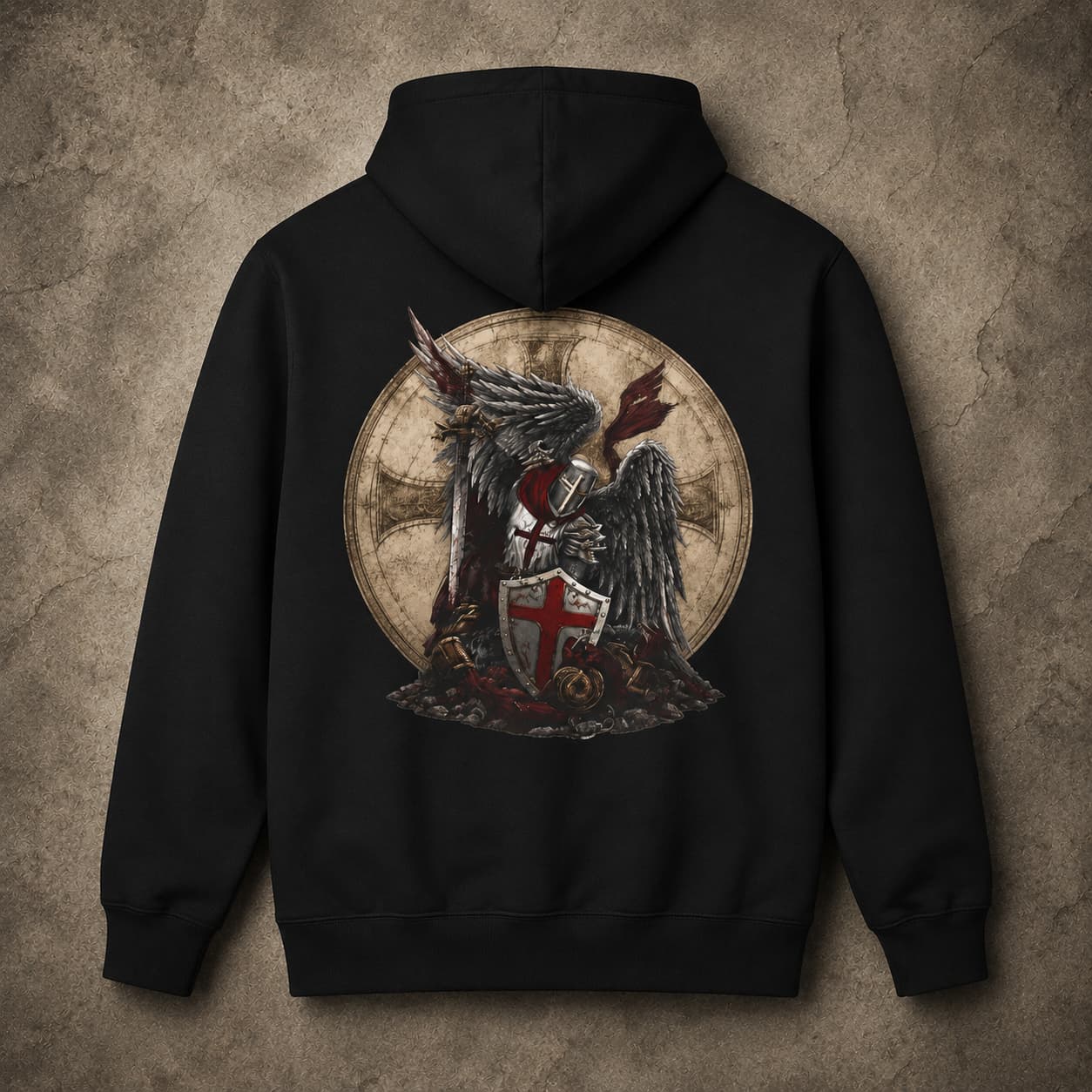 Pull à capuche Ange Gardien du Temple noir avec grand motif archange templier imprimé dans le dos.