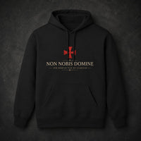 Pull à capuche Ange Gardien du Temple en coton et polyester noir avec citation Non Nobis Domine sur le devant.