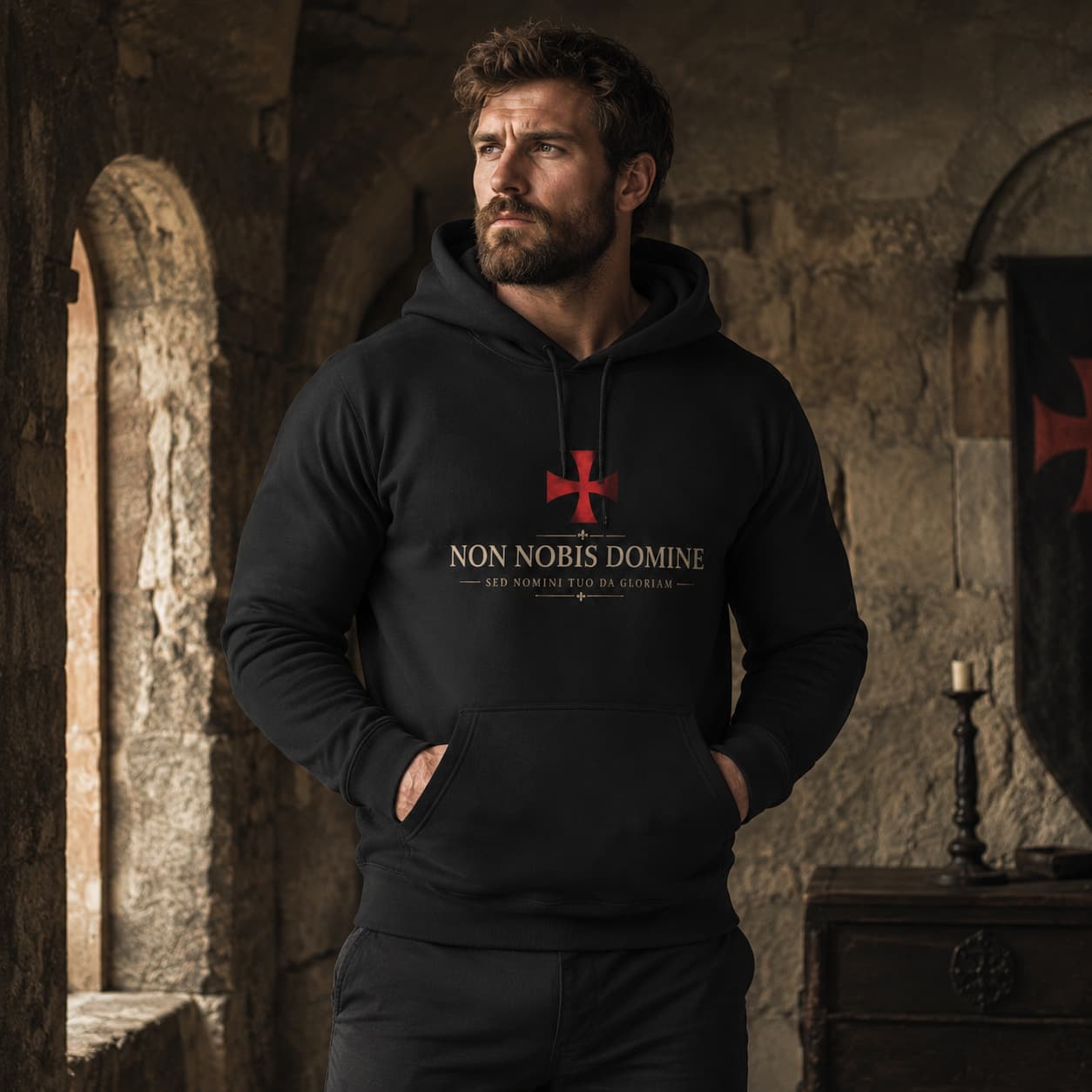 Pull à capuche Ange Gardien du Temple noir porté par un homme avec citation Non Nobis Domine sur le devant.