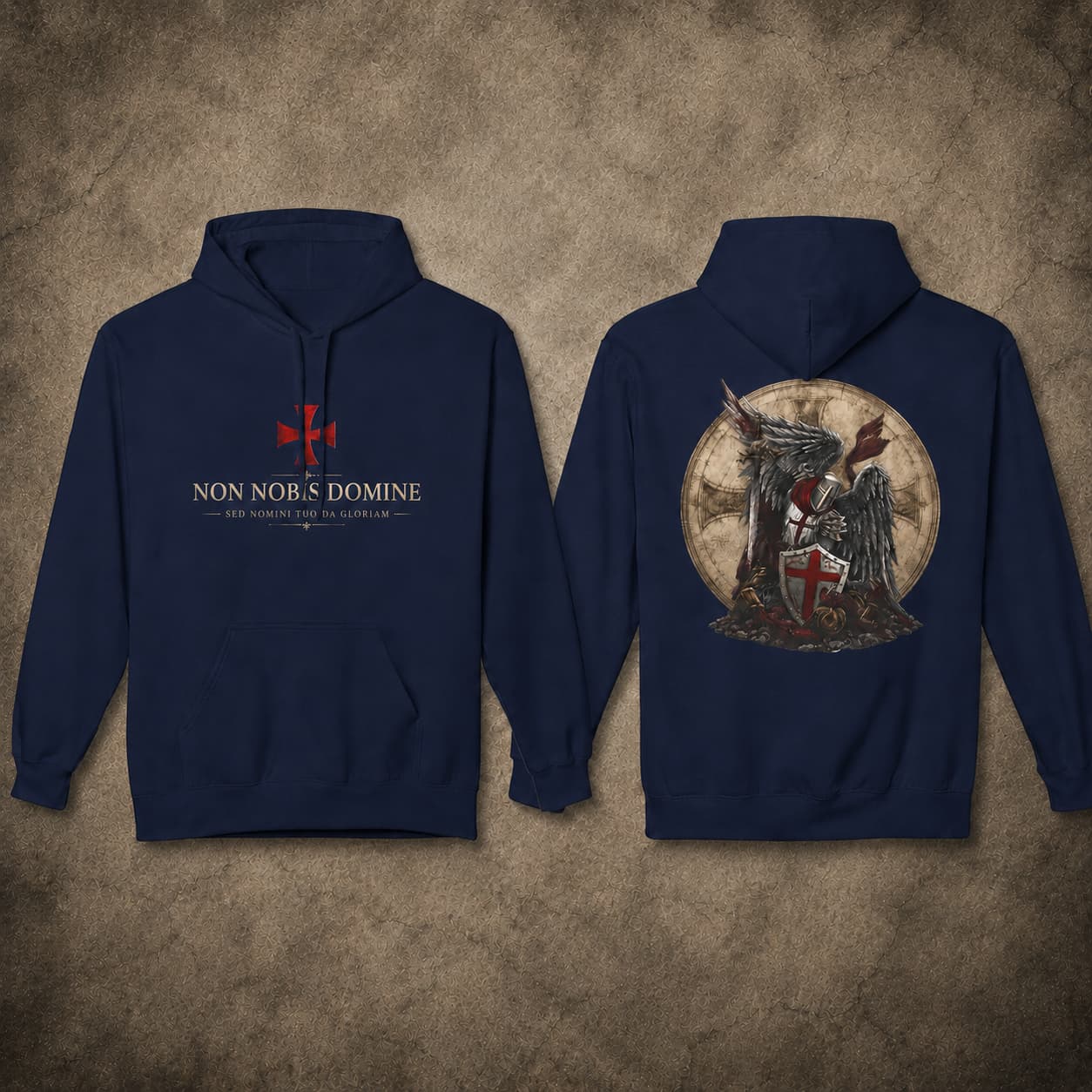 Variante bleu marine du pull à capuche Ange Gardien du Temple avec visuel devant et motif archange au dos.