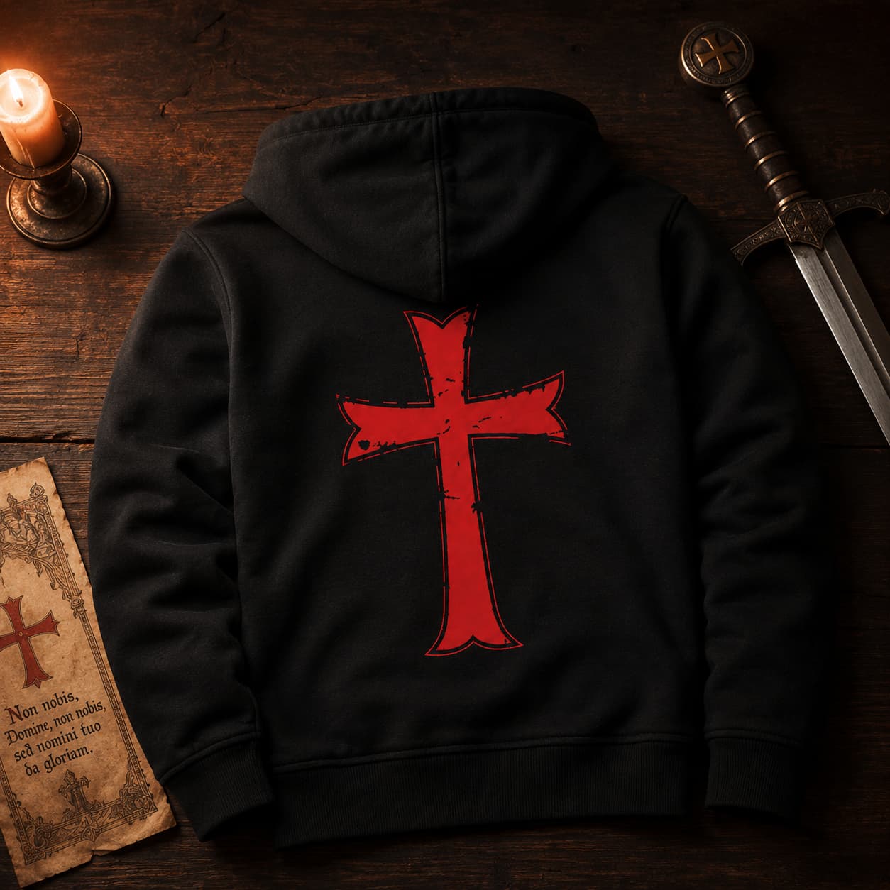Pull à Capuche Armure du Chevalier présenté sur table en bois ancien dans une ambiance médiévale.