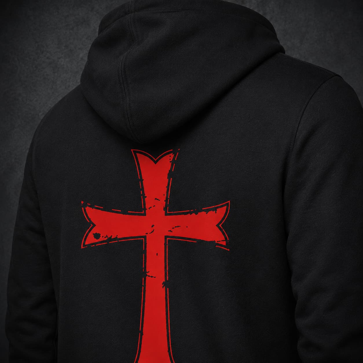 Gros plan du motif croix templière rouge au dos du Pull à Capuche Armure du Chevalier.