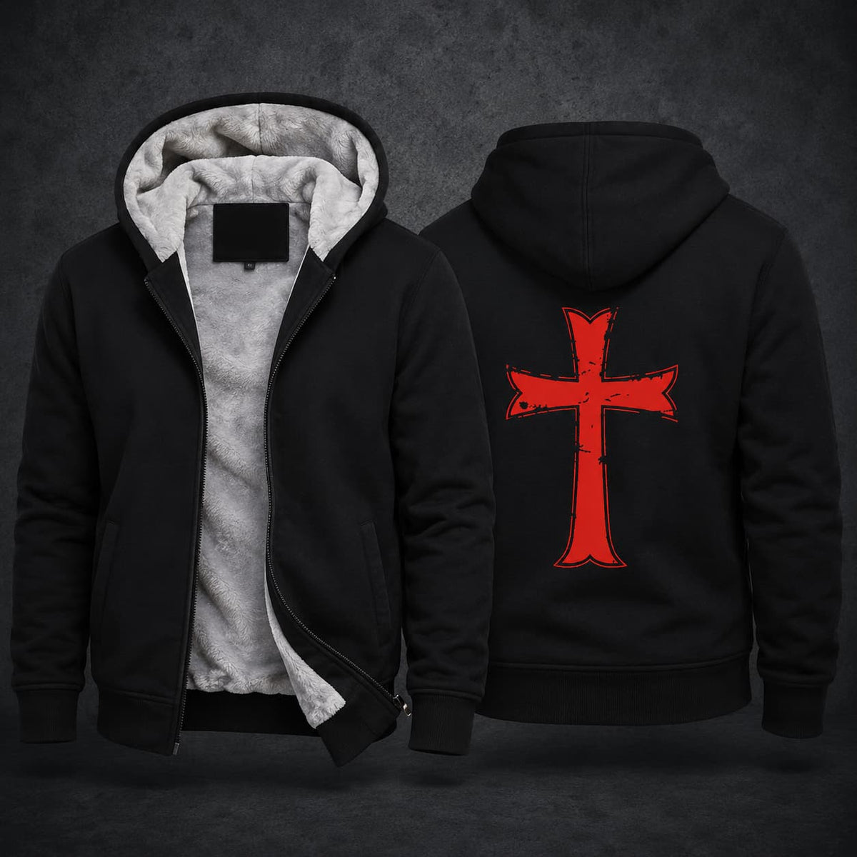 Pull à Capuche Armure du Chevalier noir en coton et polyester avec croix templière rouge au dos.