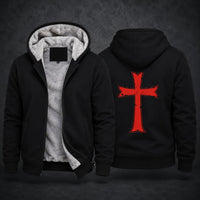 Pull à Capuche Armure du Chevalier noir en coton et polyester avec croix templière rouge au dos.