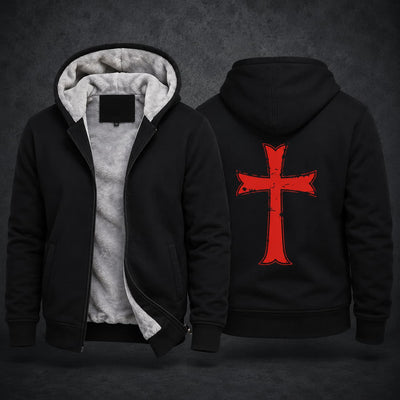 Pull à Capuche Armure du Chevalier noir en coton et polyester avec croix templière rouge au dos.