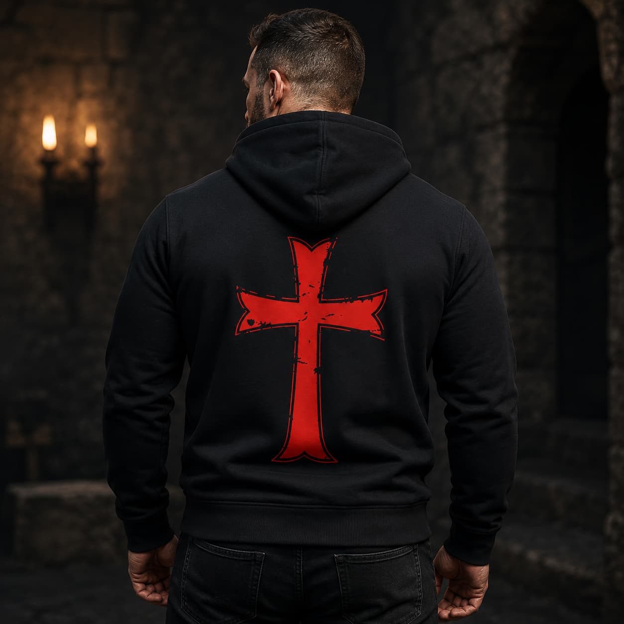 Pull à Capuche Armure du Chevalier en coton et polyester noir porté de dos avec grande croix templière rouge.